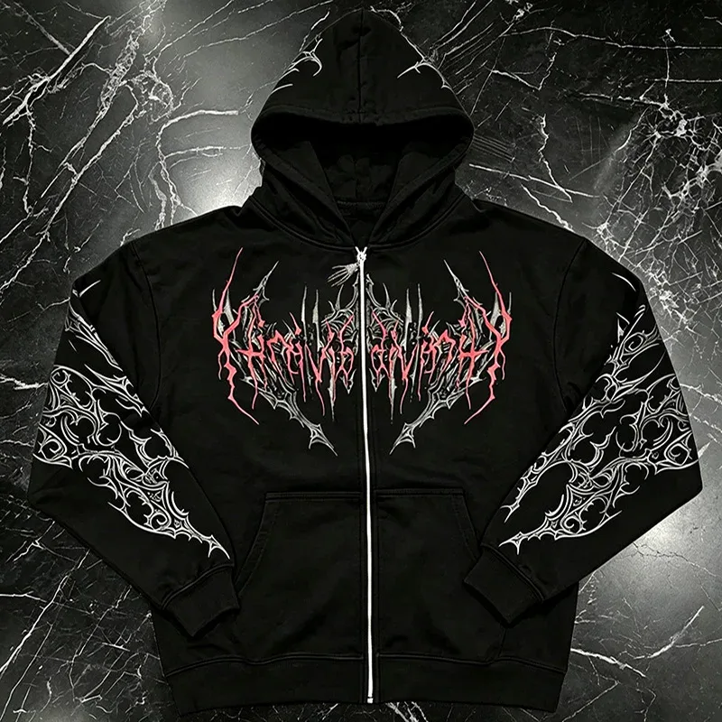 Men Alt Gothic Zip Up Hoodie Y2k High Street American Style Dark Thorn Print Fleece Lined Loose Biker Fall Winter Sweatshirt — image 9