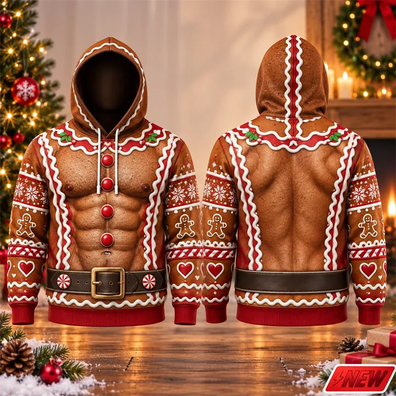 Fashion Christmas Party Streetwear Hoodie Men Holiday 3D Print Funny Fake Muscle Santa Suit Reindeer Graphic Festive Sweatshirt — image 5