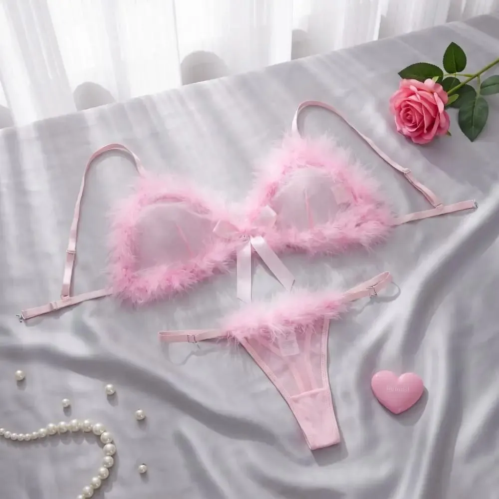 Christmas Furry Women's Underwear Wireless Mesh Transparent Lingerie Set Romantic Intimate Bow Decor Bra Panties Suit Home — image 3