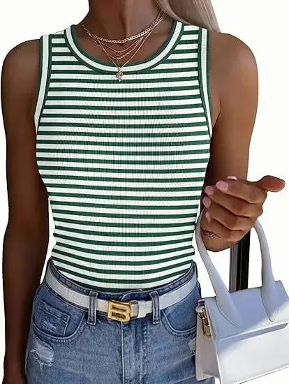 Women Striped Ribbed Tank Top 2026 Summer Casual Sleeveless Round Neck Slim Fit Vest Female Daily Streetwear Basic Undershirt — image 9