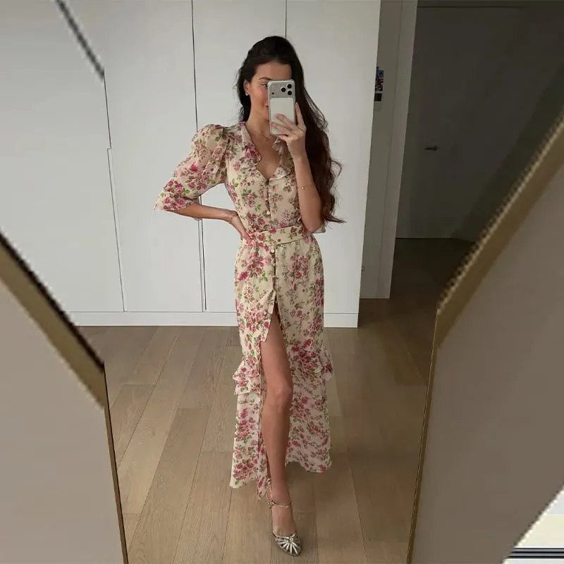 Pakaian Maxi Chiffon Cetak Bunga-bungaan Wanita Lengan Panjang V-leher Dalaman Romantik Gaun Potong Renda Tinggi Rendah 2026 Gaun Wanita Elegan Musim Panas — image 13