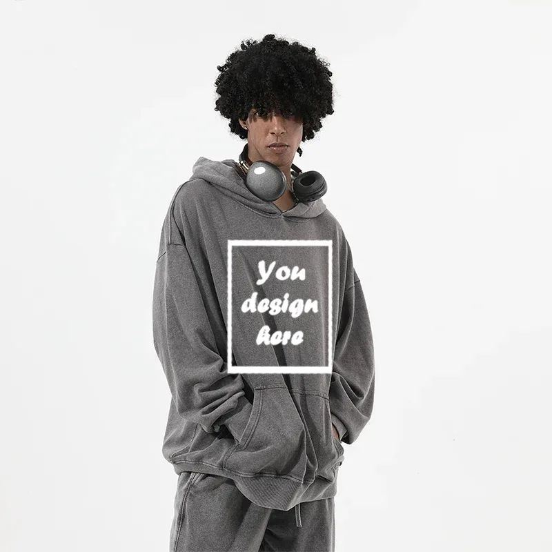 Men's personalized custom-printed washed vintage hooded warm sports wear thick 350 grams comfortable and warm. — image 9