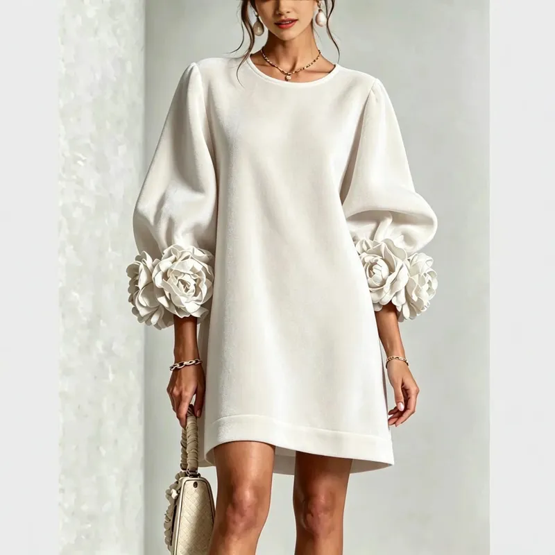 Autumn Winter Women Velvet Mini Dress O Neck Puff Long Sleeve 3D Flower Cuff Decor Loose Casual Hot Hit Fashion Short Dresses — image 2