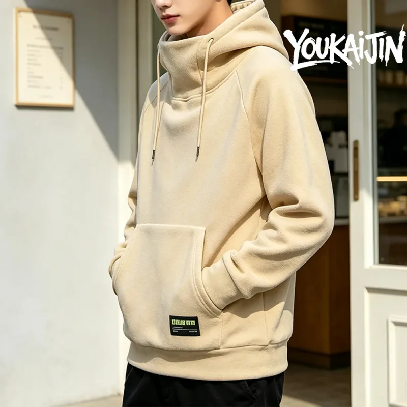 Men's Polar Fleece Sweatshirt Solid Color Street Style Autumn Winter Hood Sports Windproof Oversized High Collar Hoodie 5XL — image 15