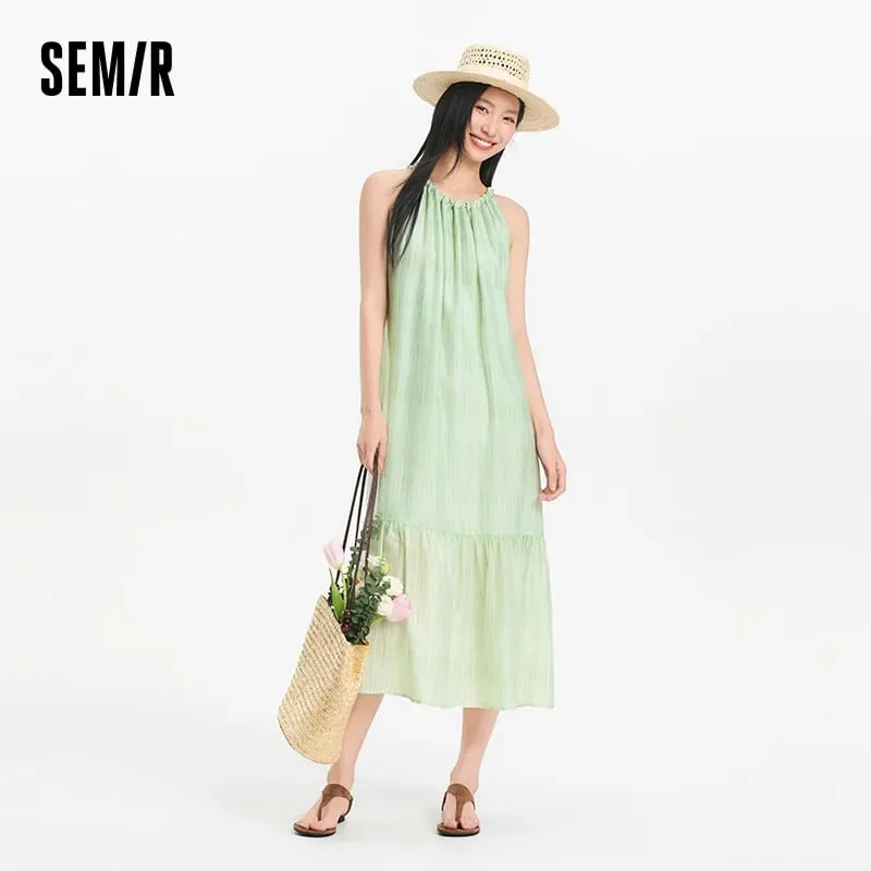 Pakaian Wanita Semir Ikatan Simpul Bertekstur Halter Leher Percutian A Line Maxi 2026 Musim Panas Romantik Segar Elegan Lembut Selesa Top Percutian