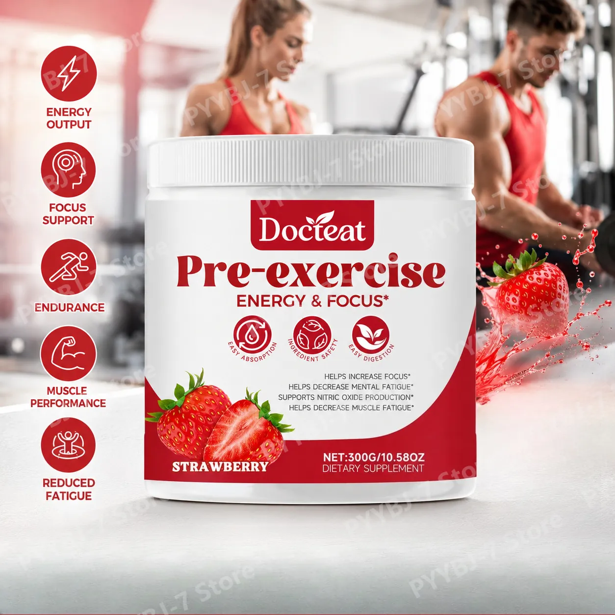 Pre-Workout Pulver Energi og fokusstøtte Støtte til muskelgendannelse Jordbærsmag Daglig sundhedspleje 300g — image 2