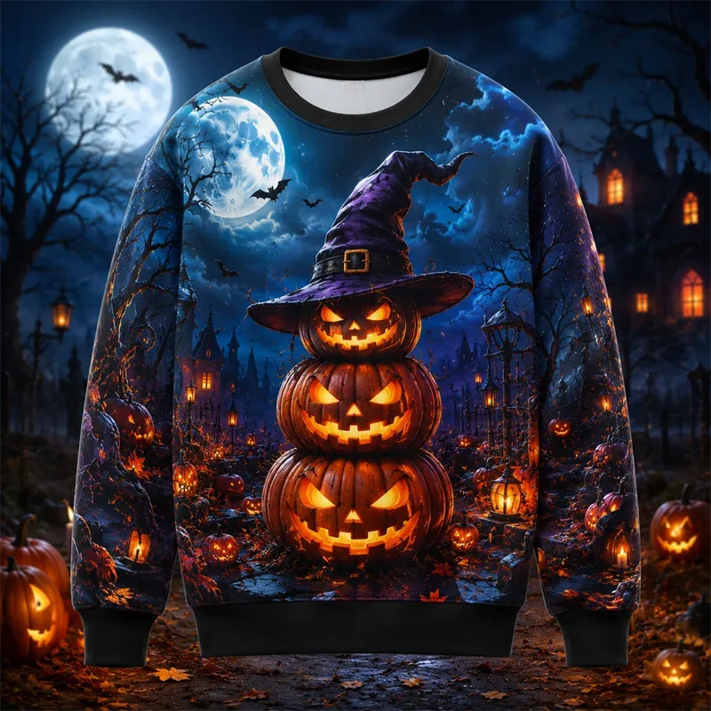 2026 New Pumpkin Print Halloween Sweatshirts Fashion Trendy Long Sleeve Holiday Wear Sweater Loose Streetwear Hip Hop Pullovers
