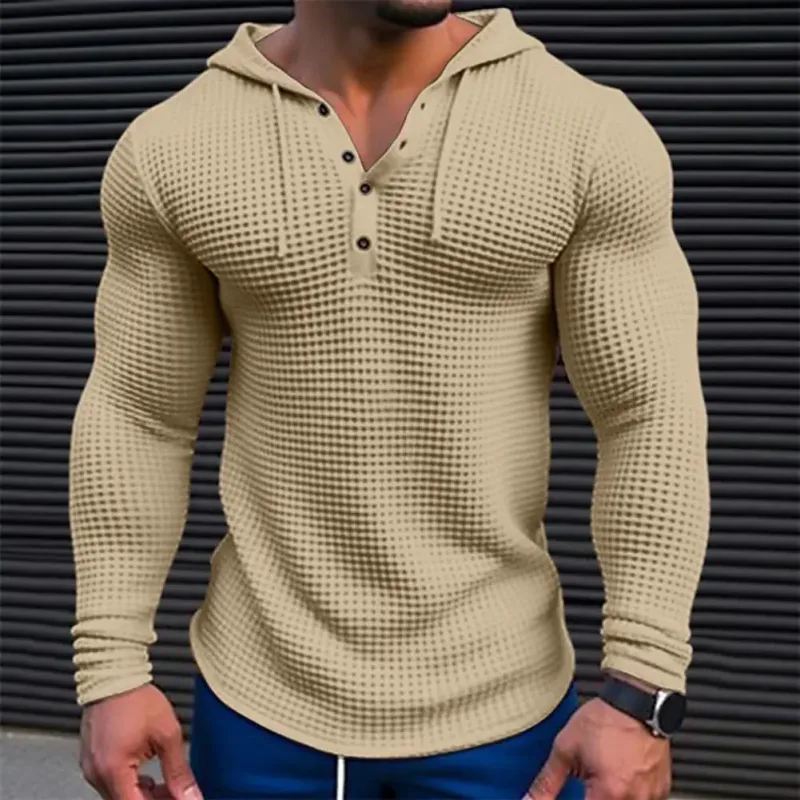 Warna Pepejal Musim Bunga Slim Fit Lengan Panjang T-shirt Lelaki Bertudung Bernafas Sukan Atasan Wafel Kapas Baju Lengan Panjang Kasual — image 7