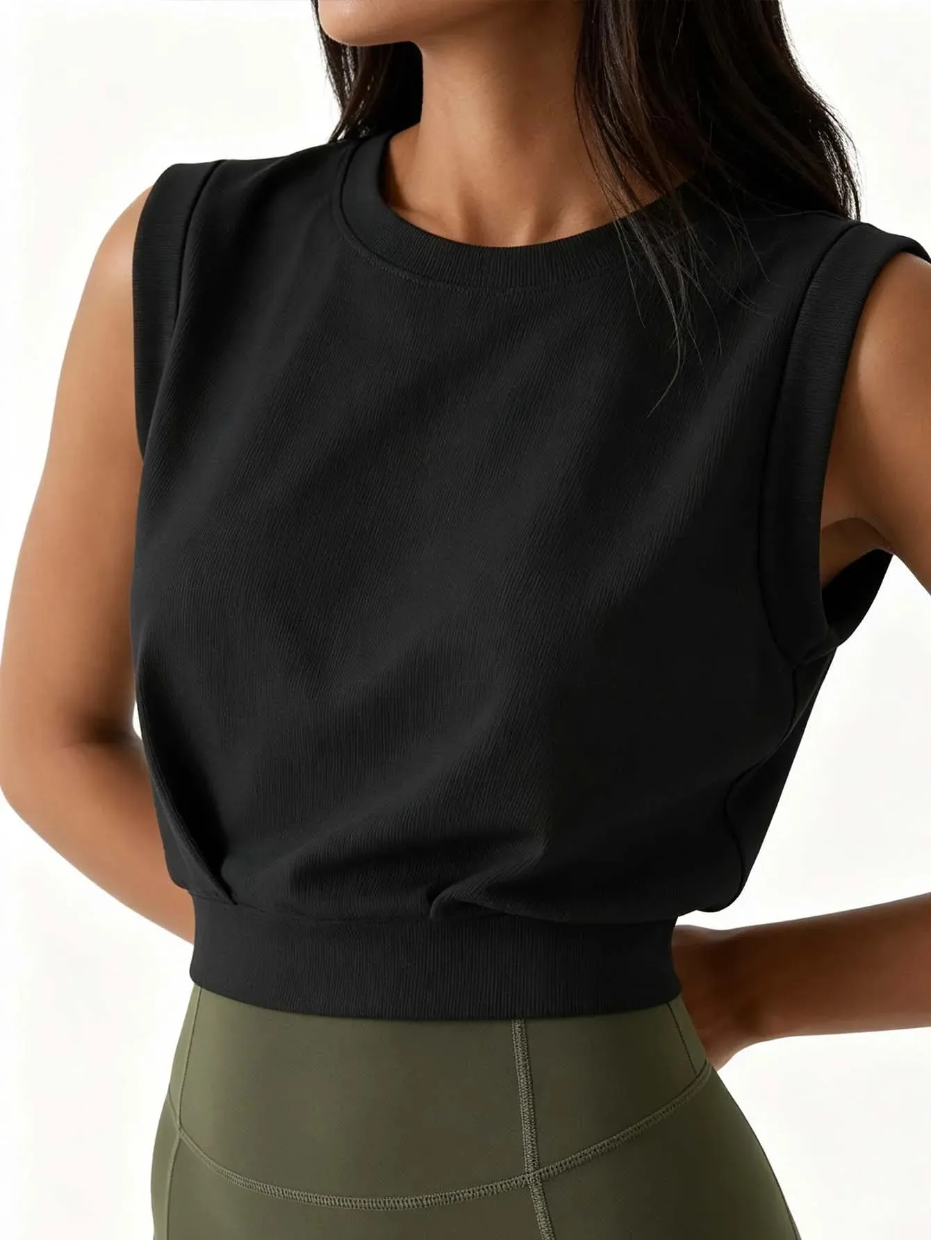 Dámský žebrovaný crop top bez rukávů s kulatým výstřihem, jednobarevný, volný sportovní top ležérní fitness top na běhání na jógu