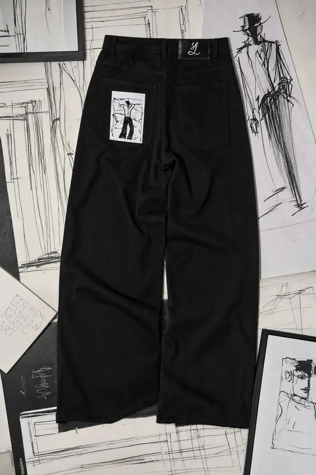 Streetwear Casual Black Wide Leg Jeans Men Women Heavy Back Pocket Embroidery Detail Fashion Pants Loose Fit Soft Denim Y2K — image 2