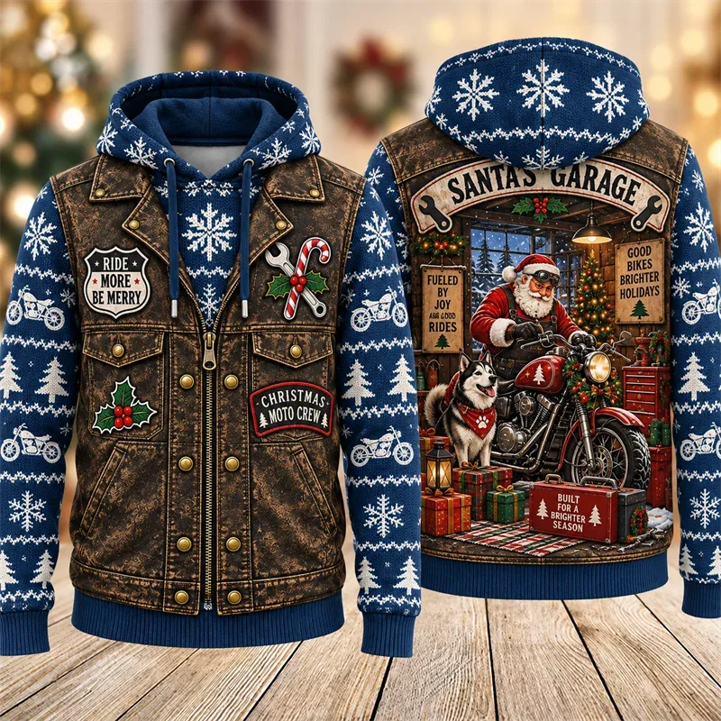 Christmas Biker Hoodie 3D Print Santa Reindeer Gingerbread Rider Faux Leather Vest Holiday Pullover Winter Streetwear Gift — image 5