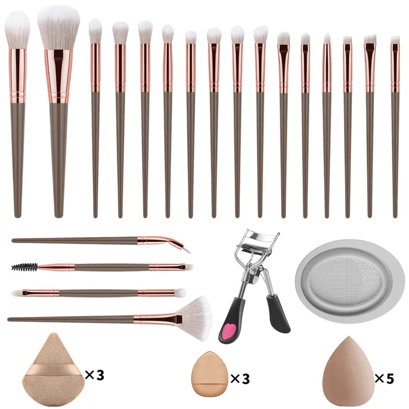 33Pcs Kit Alat Solek 20 Berus Solek Dengan Serbuk Pembersih Mangkuk Pelentik Bulu Mata Set Solek Muka Penuh — image 8