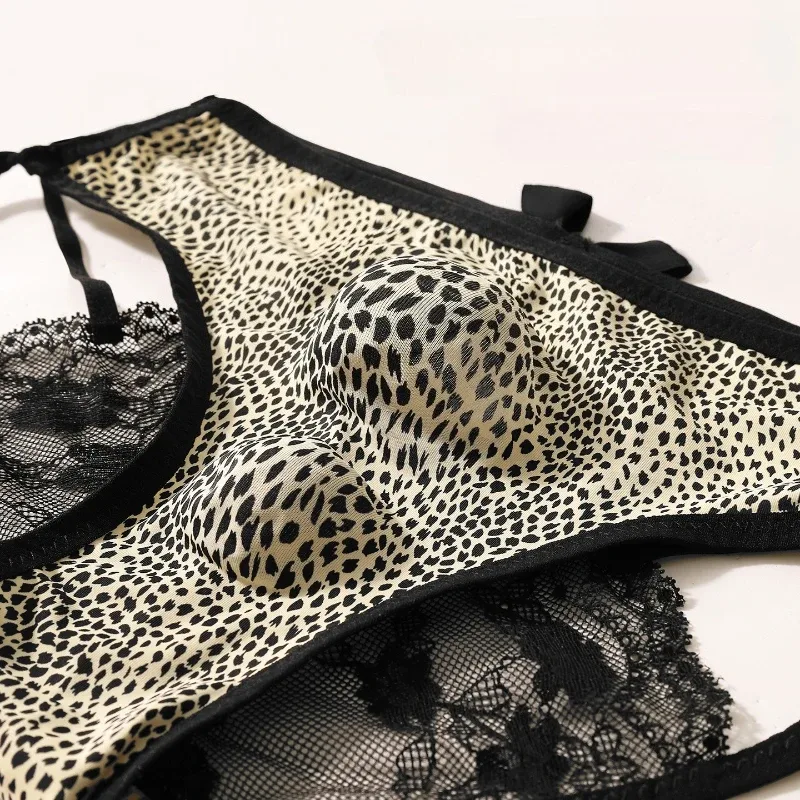 Men's Sexy Underwear Hollow Lace Back Sheer Panties Ice Silk Leopard Printed 3D Bullet Separation Pouch Sissy Underwear — image 3