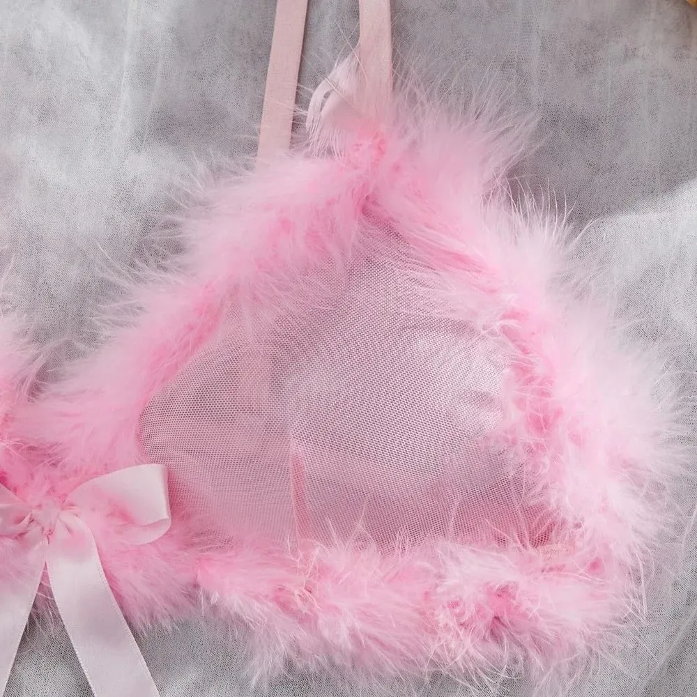 Furry Women's Underwear Mesh Transparent Bow Decor Lingerie Set Romantic Intimate Wireless Bra Panties Suit Valentine's Day — image 5