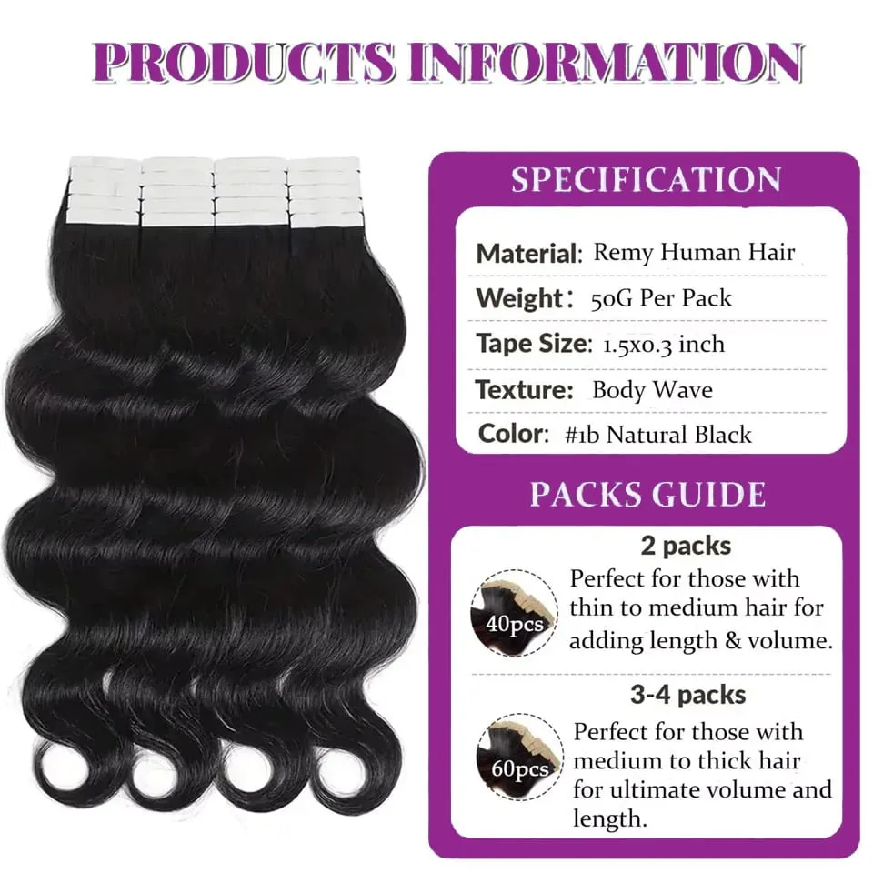 100% Real Vietnamese Human Hair Tape In Hair Extensions Body Wave Extensions Natural Black Invisible Tape on For Woman 26inch