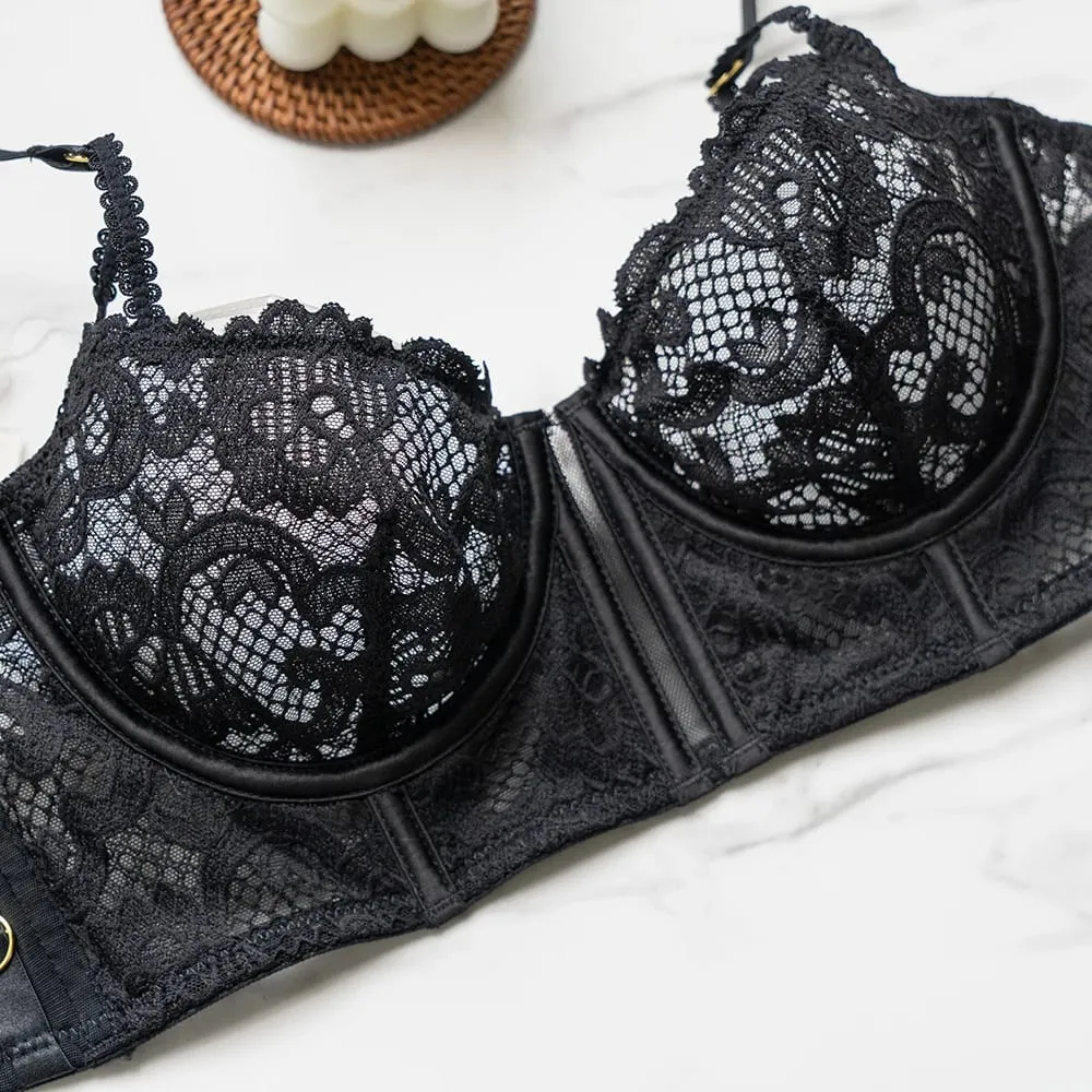 Women Vintage Black Floral Lace Lingerie Set Underwire Sheer Longline Bra And Panty 2‑Piece Gold Side Ring Detail Intimate Under — image 6