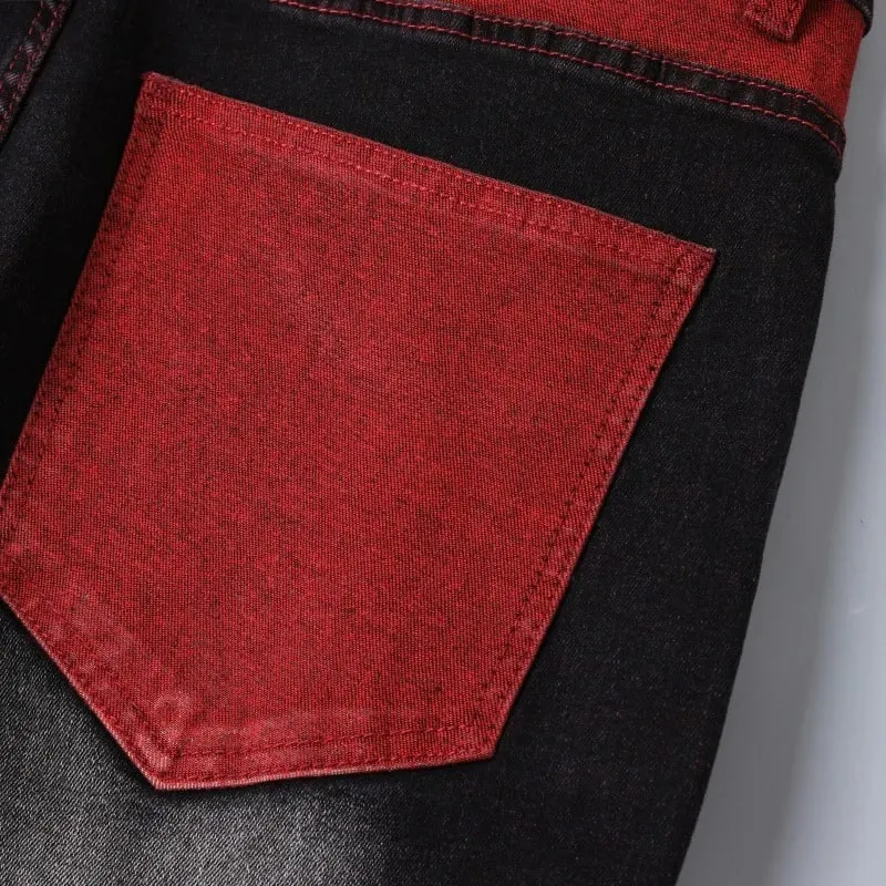 Vaqueros elásticos negros para hombre para primavera y otoño Pantalones vaqueros con detalles rasgados rojos Tallas asiáticas 28–42. — image 4