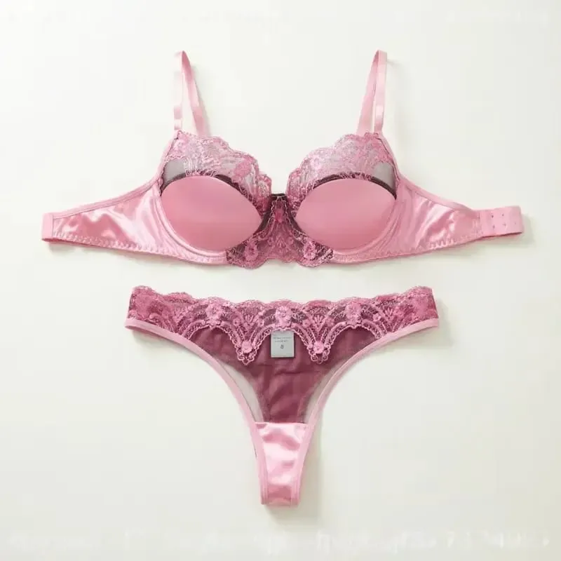 Women Romantic Pink Lace Lingerie Set Padded Balconette Bra Sheer Thong Satin Trim Date Night Valentine Underwear
