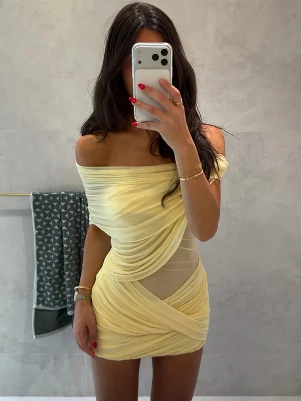Elegant สีเหลือง Strapless จีบยาวชุดผู้หญิงเก๋แขนกุดเอว Cinching แยกชุด 2026 Lady Evening Party Robes — image 13