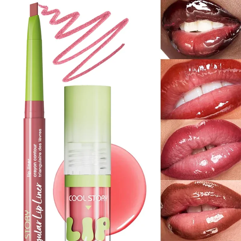Juego de brillo de labios 2 uds., lápiz labial 2 en 1, Kit de maquillaje de contorno de labios suaves, delineador de labios mate para mujeres, Combo de aceite voluminizador, cosmético — image 3