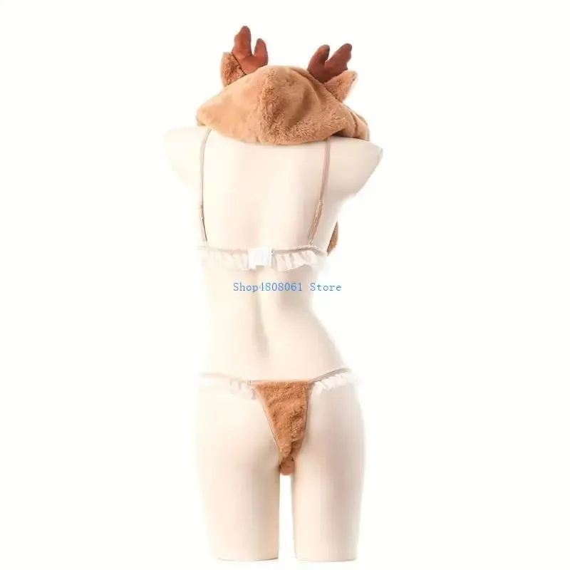 T3LC 4Pcs Anime Lingerie Set Deer Cosplay Lingerie Costume Cap Wrist Cuffs Bra Top