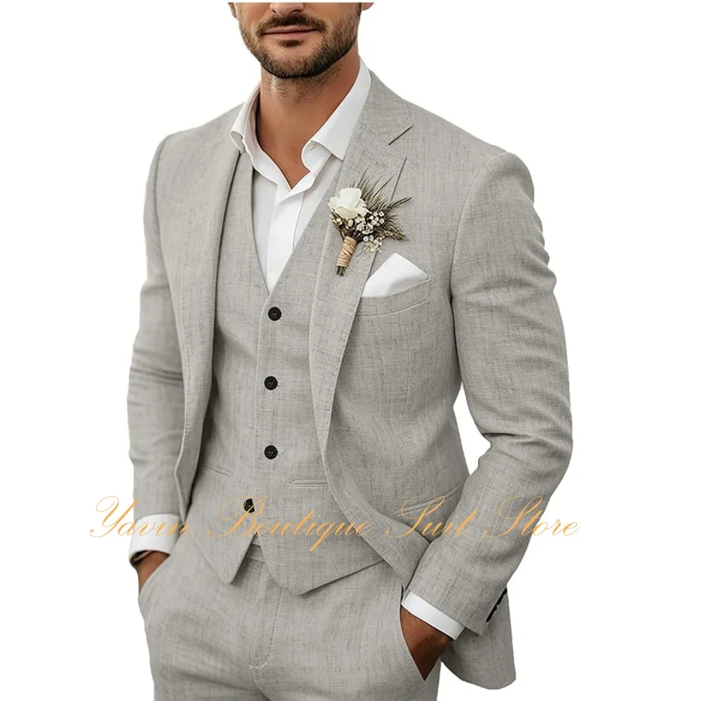Summer Men's Linen Suits Casual Blazer 3 Piece Jacket Vest Pants Suit Set for Men Wedding Business Prom Tuxedo Suits