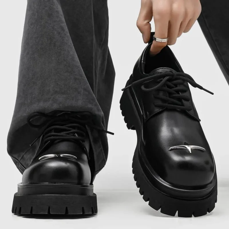 Men's Lace‑Up Platform Derby Shoes Metal Decor Chunky Sole Fashion Casual Footwear Non‑Slip Daily Walking Shoes