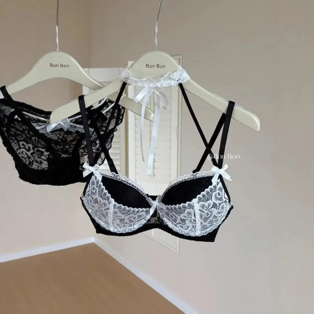 French Romantic Halter Neck Lace Bra Set Women Push‑Up Support Soft Stretchy Lingerie Underwear Small Bustセクシーな S-XL