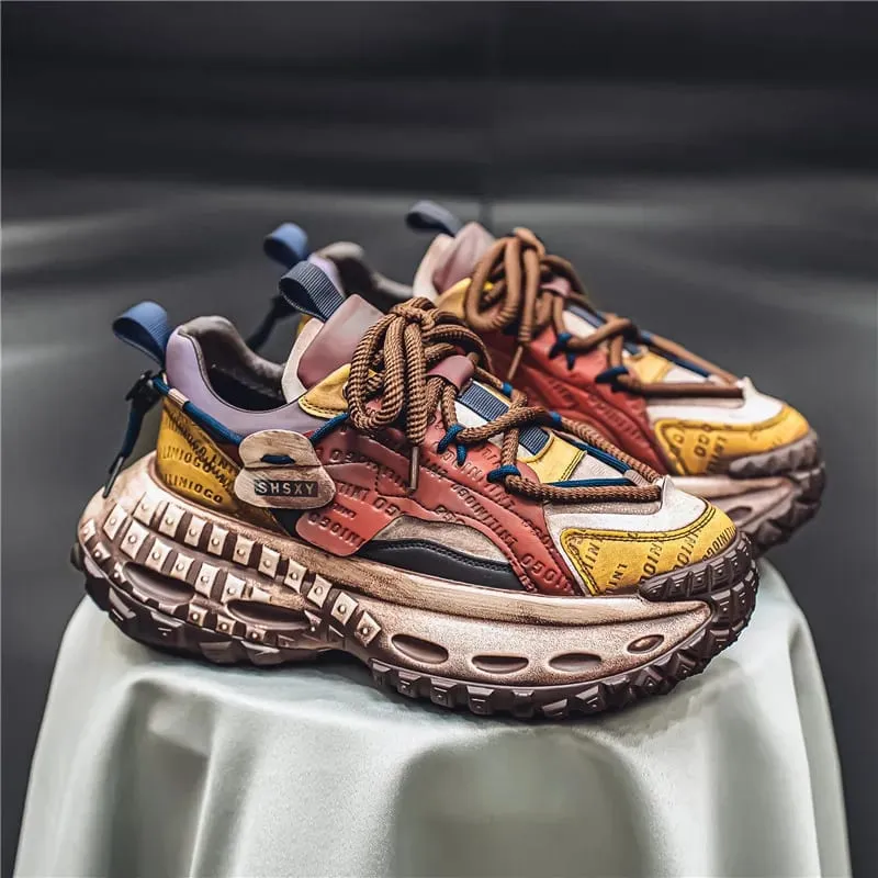 Men's Casual Sneakers with a Patchwork Upper Thick Jute Laces and a Tire-Like Serrated Sole for Added Height and Anti-Slip Grip Making Them Eye-Catching and Suitable for Various Outfits Including Street Wear and Everyday Casual Wear.