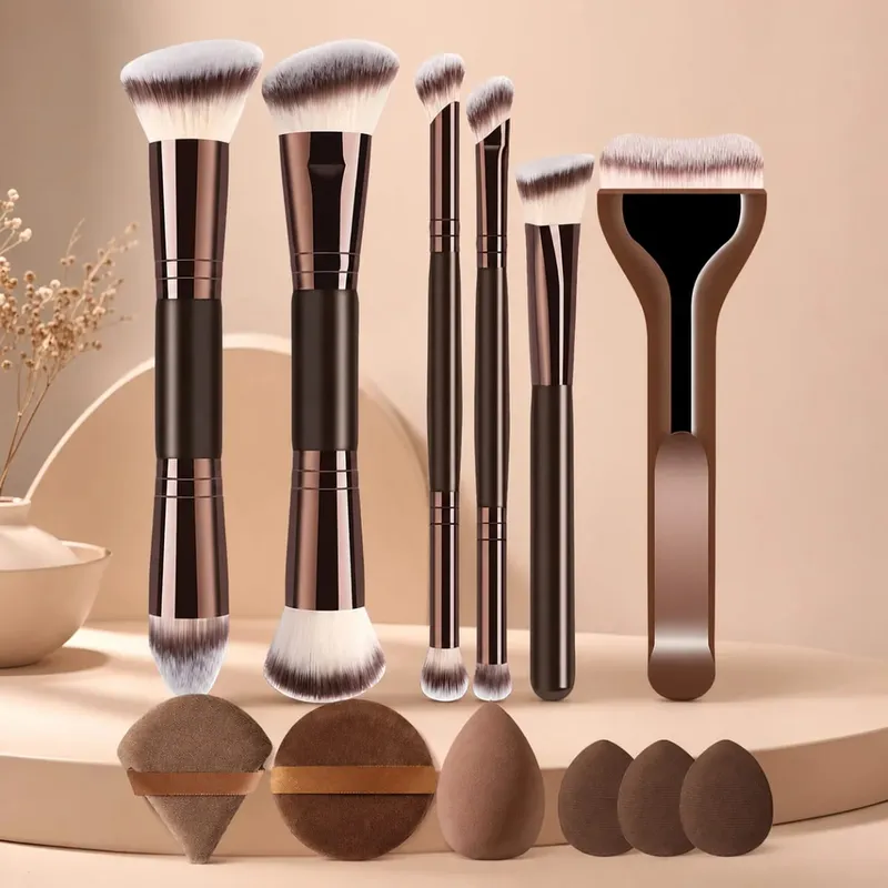 12-teiliges Make-up-Pinsel-Set mit 6 flachen und runden Pinseln und 6 Schwämmen für Foundation, Puder, Rouge und Lidschatten