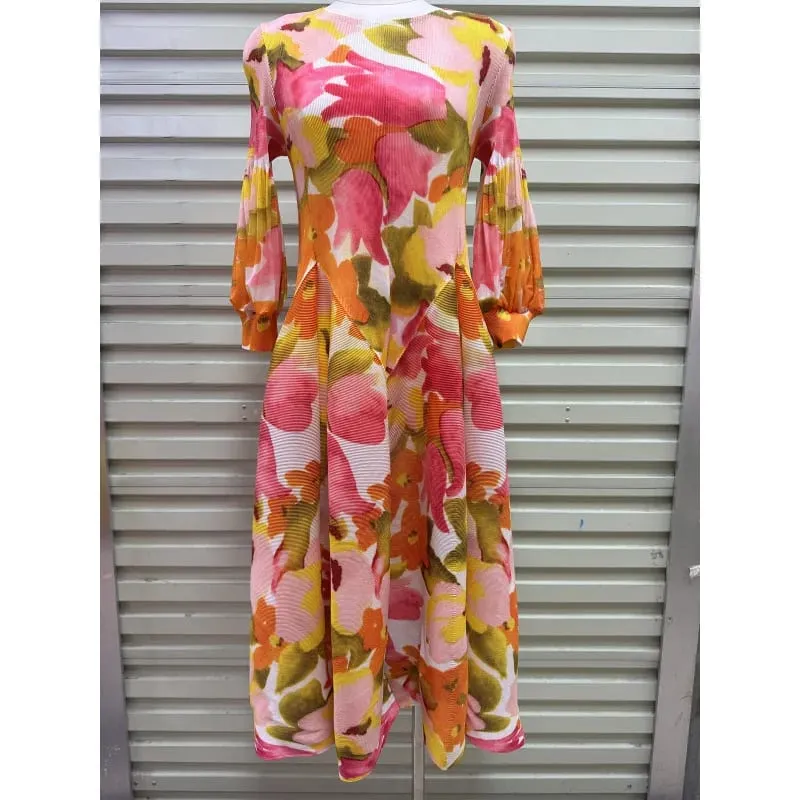 Miyake Plissee Kleider 2026 Herbst Neue Sanfte Französisch Druck Elegante Stretch Plus Größe frauen Langarm Bounce Blume Knospe kleid — image 11
