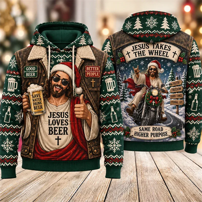 Funny Jesus Christmas Biker Hoodie 3D Graphic Motorcycle Rider Vintage Holiday Pullover Winter Streetwear Party Casual Gift — image 10