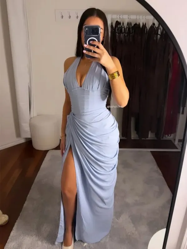 Elegant สีเหลือง Strapless จีบยาวชุดผู้หญิงเก๋แขนกุดเอว Cinching แยกชุด 2026 Lady Evening Party Robes — image 24