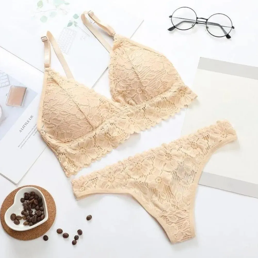 Underpants V Neck Lace Flower Bra Set Solid Color Low Waist Floral Panties Bra Kit T-Back Lingerie Lace Underwear Girls — image 2