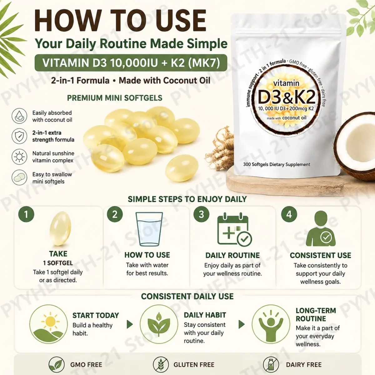 Vitamin D3 10000 IU K2 MK-7 200 mcg Softgels with Coconut Oil 2 in 1 Supports Strong Bones Immune Function Heart Health 300 Ct — image 7
