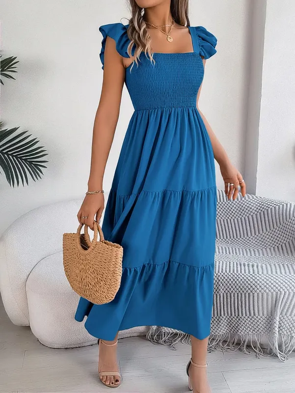 Msfilia Solid Sleeveless Square Collar A-Line Cinched Pleated Long Dress Women's Spring Summer Long Dresses