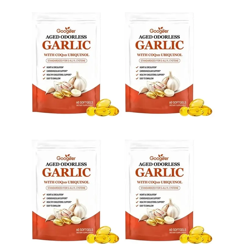 Cápsulas gelatinosas de alho inodoras envelhecidas Googeer com CoQ10 Ubiquinol Vitamina K2 (MK-7) para circulação e suporte ao colesterol 60 cápsulas gelatinosas — image 9