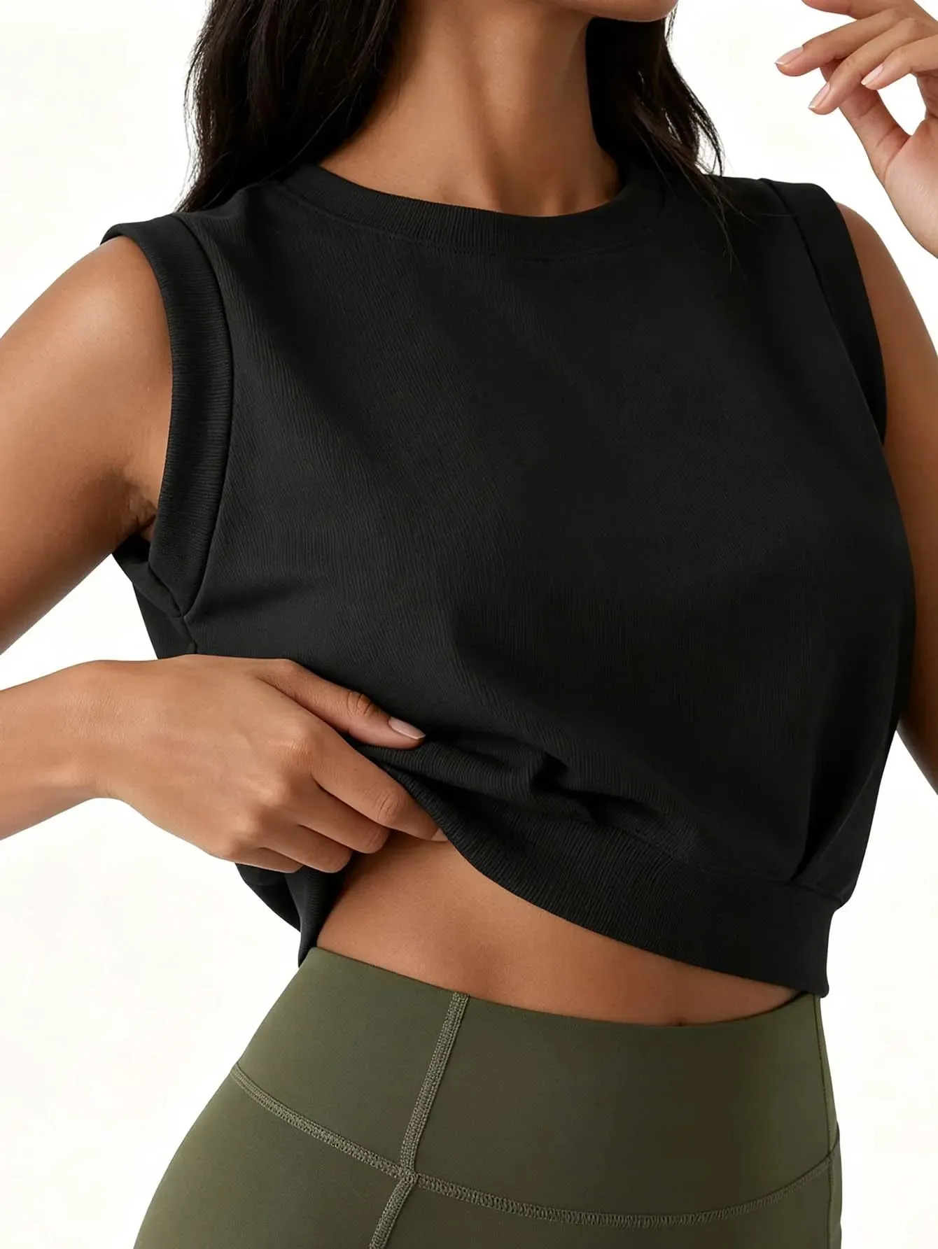 Dámský žebrovaný crop top bez rukávů s kulatým výstřihem, jednobarevný, volný sportovní top ležérní fitness top na běhání na jógu