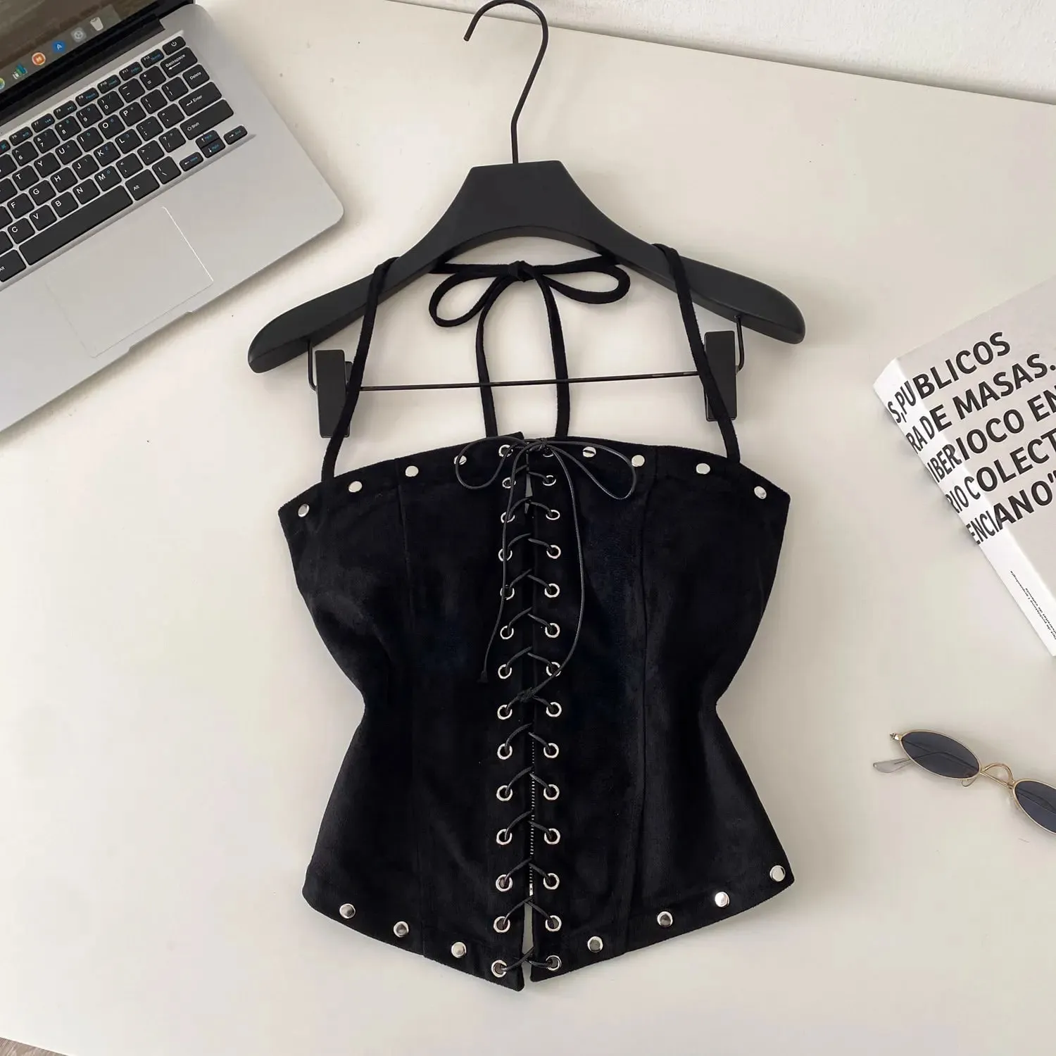 Sexy Bandage Halter Solid Tanks Top Vintage Corset Bustier Korean Autumn Camis Women Party Spice Girl Crop Top — image 8