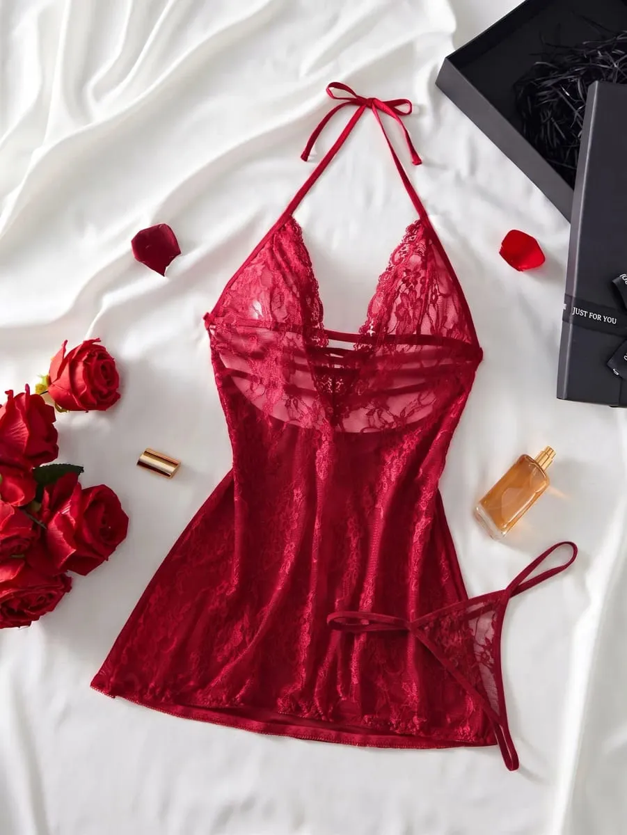 Women's Transparent Red Lace Sexy Underwire Bra Set Bikini Skirt Thin Three Point Lingerie Tempting Lace Up Hot Selling Item