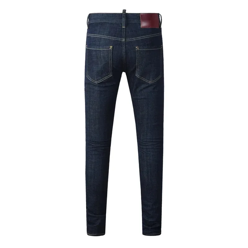 Men Deep Blue Vintage Washed Skinny Jeans Mid Waist Wrinkle Stretch Slim Fit Denim Casual Long Trousersy2k