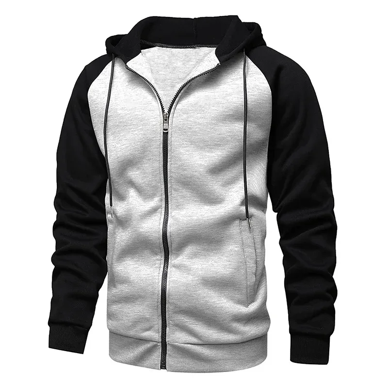Sweat-shirt à capuche en polaire pour hommes, manches longues, fermeture éclair, mode, blocage des couleurs, veste cintrée, manteau