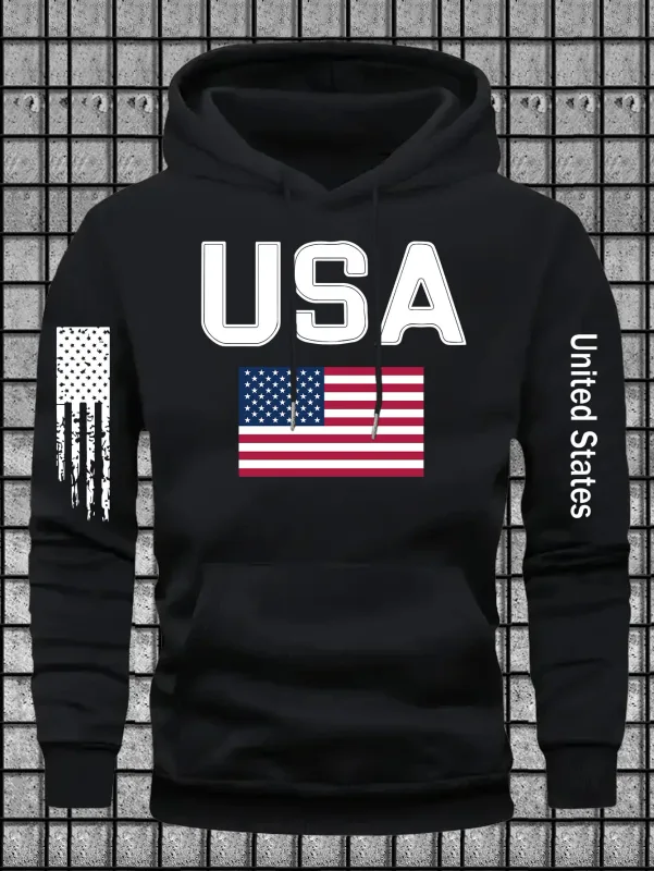 Urban patriotic-themed men's hooded sweatshirt with USA lettered and flag graphics. Street fashion design, loose turtleneck top. — image 5