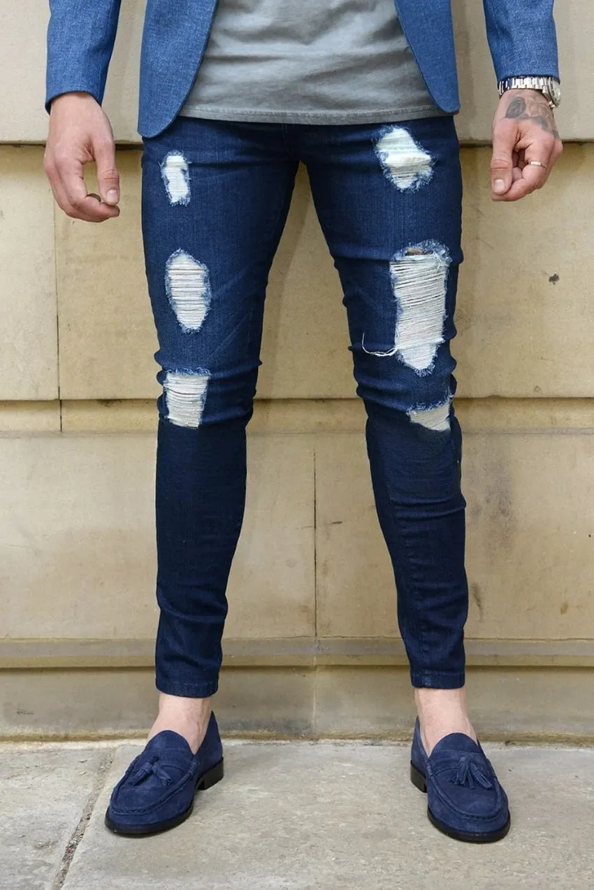 Men High Waist Black Ripped Skinny Jeans Fashion Hole Design Trendy Casual Denim Long Trousers — image 8