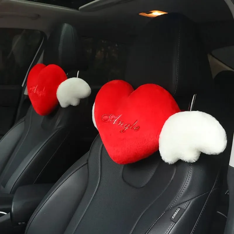 28x58cm 2Pcs Cute Heart‑Shaped Car Headrest Pillow With Angel Wings Soft Plush Auto Neck Support Cushion Car Seat Head Pillow — image 13