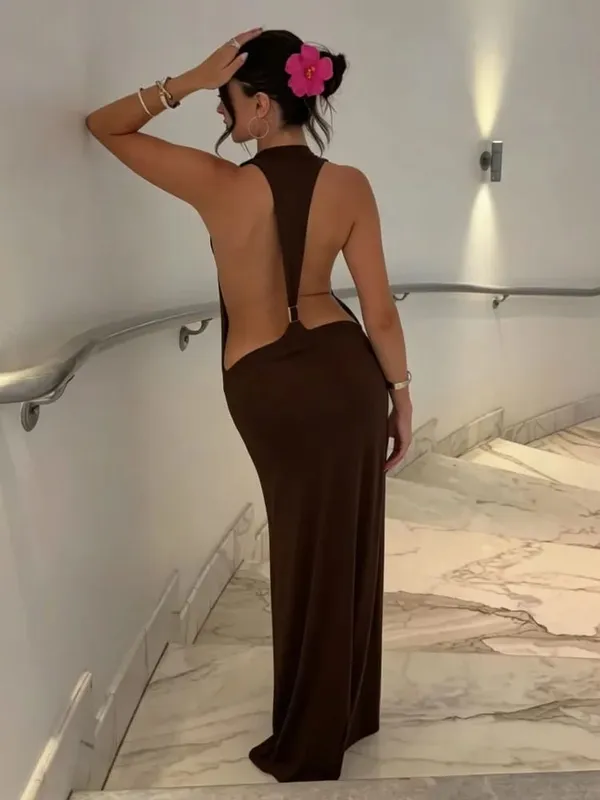 Gaun Maxi Potongan Sisi Tanpa Belakang Halter Pepejal Wanita Stretch Jersey Lantai Panjang Gaun Bodycon Slim Jubah Percutian Kelab Malam