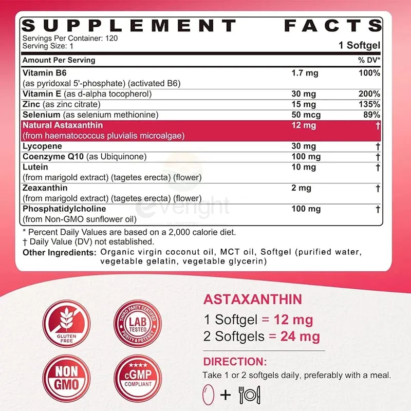 Liposomal Astaxanthin Supplements with Lycopene CoQ10 Lutein Vitamin B6 E Zinc Antioxidants for Healthy Skin Eyes Aging — image 6