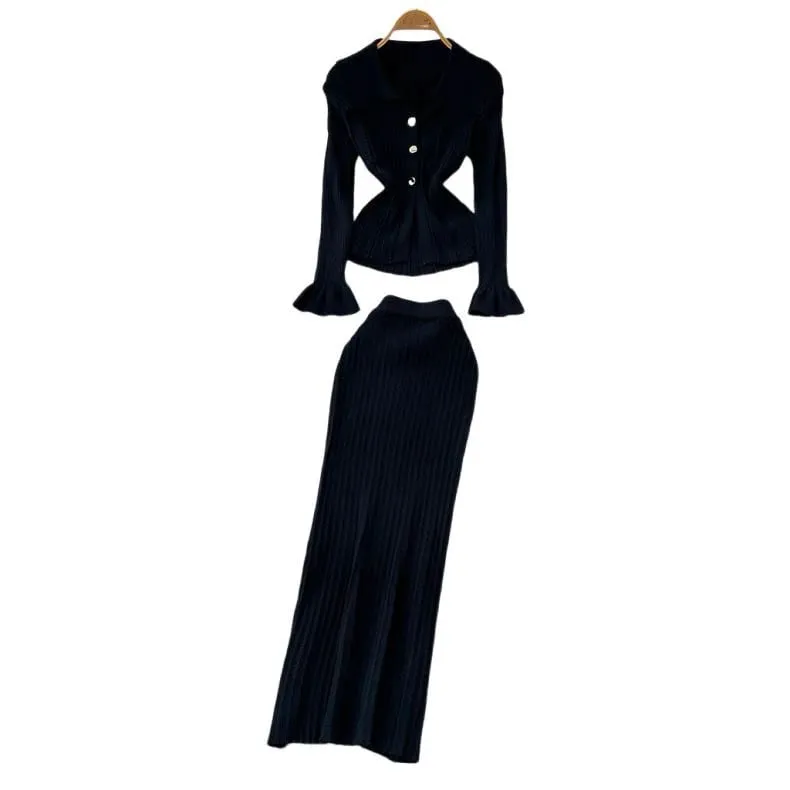 YuooMuoo marca de moda de una pieza de punto Maxi Vestido de mujer elegante con cuello en V con volantes cintura delgada ceñido al cuerpo suéter Vestido de fiesta