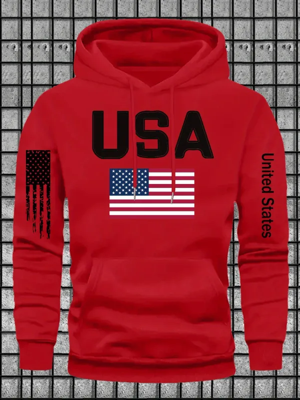 Urban patriotic-themed men's hooded sweatshirt with USA lettered and flag graphics. Street fashion design, loose turtleneck top. — image 3