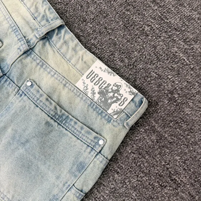 Blue Vescartes Cherry Blossom Knight Loose Straight Jeans High Quality Men Women Streetwear Fashion Denim Trousers Leather Label